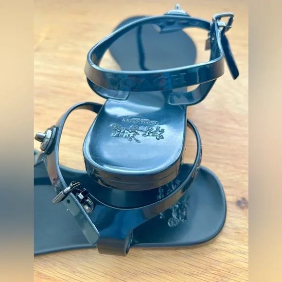 Coach Glossy Black “Pelican” Jelly T-Strap Sandals - Picture 5 of 9